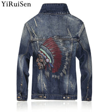 Load image into Gallery viewer, Indian Feather Headdress Embroidery Jeans Jacket Men 2018 New Fashion Hip Hop Veste En Jean YiRuiSen Brand Clothing